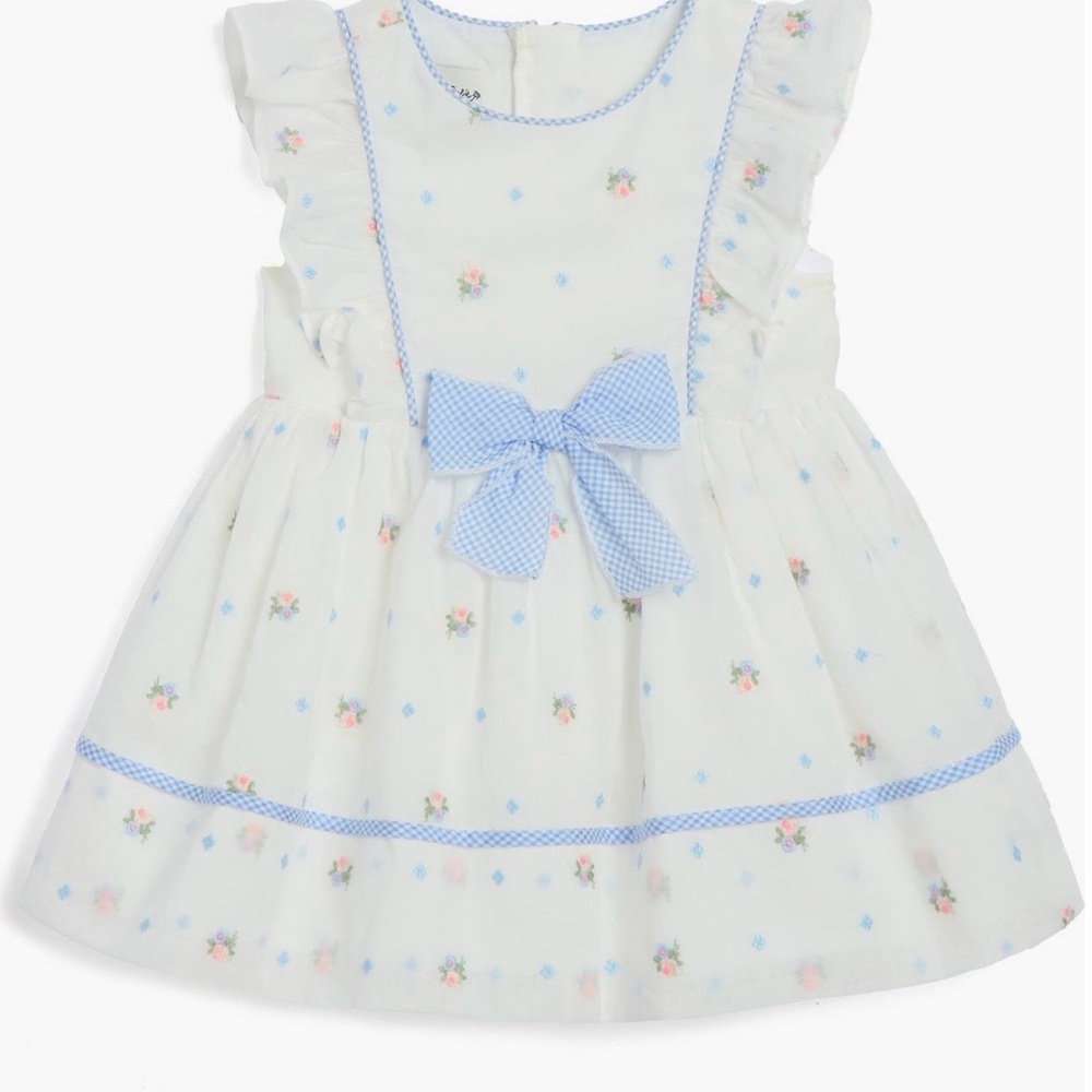 Pippa & Julie White Cotton Dress with Blue and Pink Embroidery